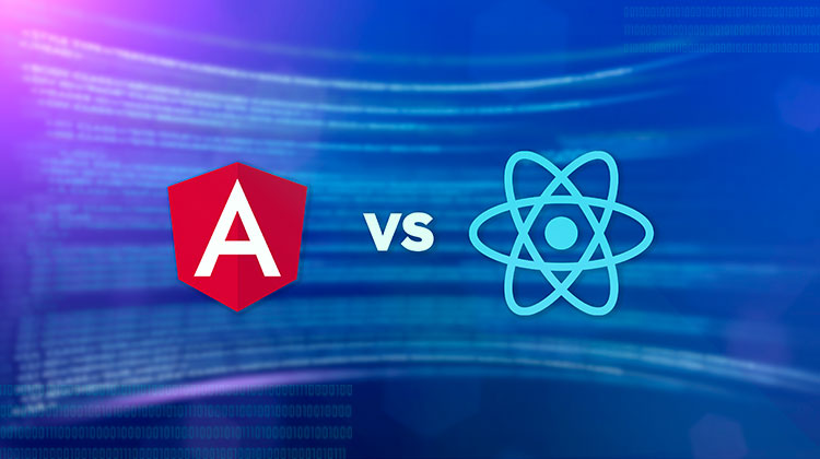Angular logo vs React logo with abstract digital background